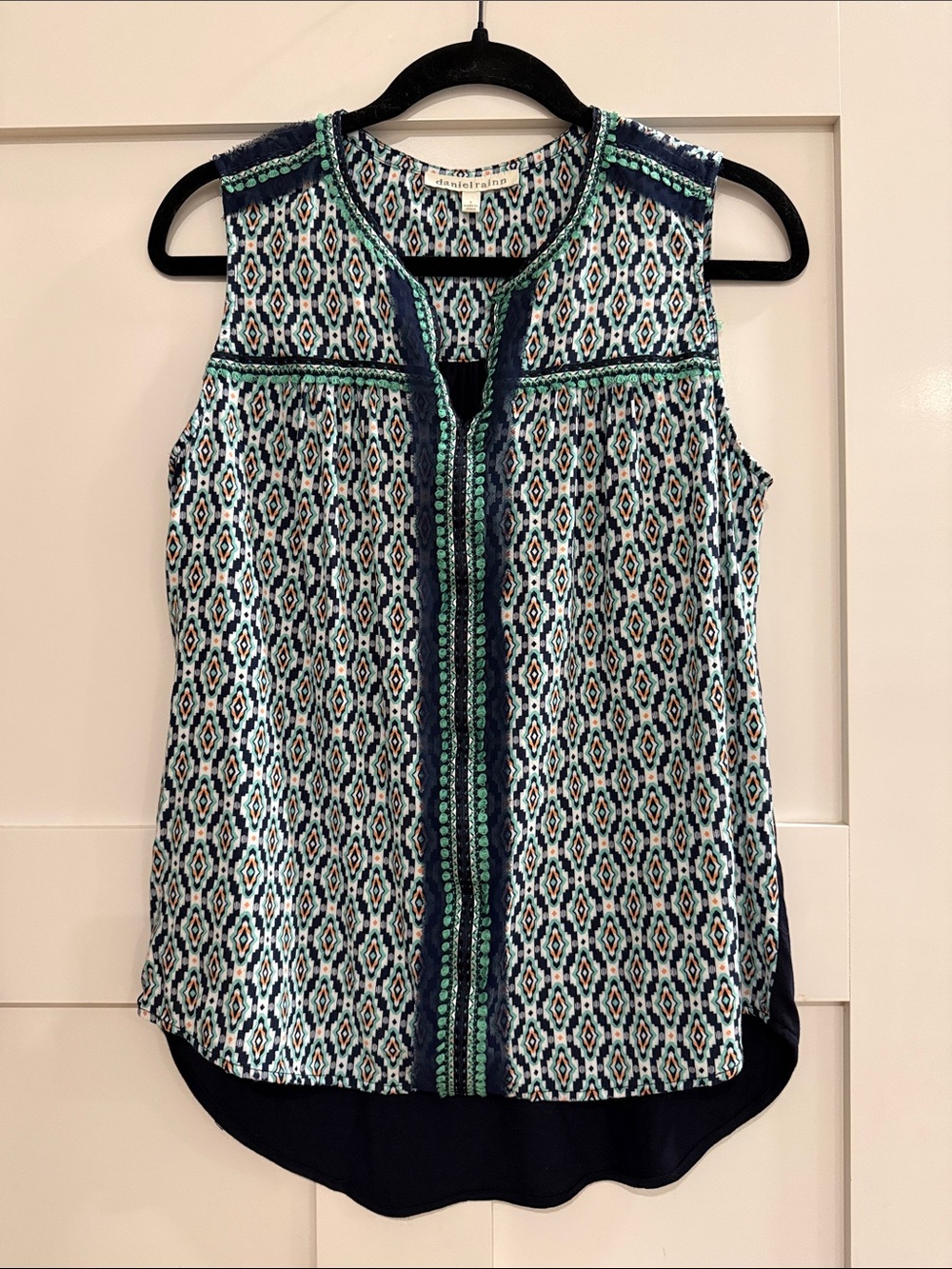 Daniel Rainn Mixed Media Navy Patterned Sleeveless Top with Green Trim